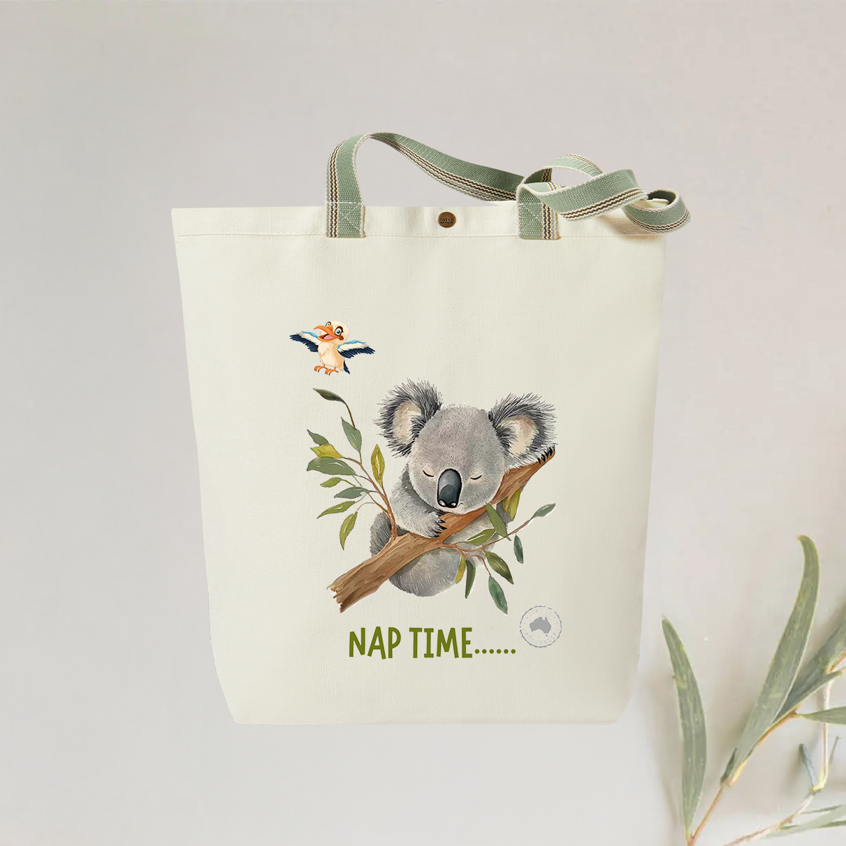 Nap Time Koala Tote Bag - Stylish and Personalised Eco-Friendly Canvas Bag with Adorable Sleepy Koala Design, Reusable Gift Idea, Designed and Printed in Australia.