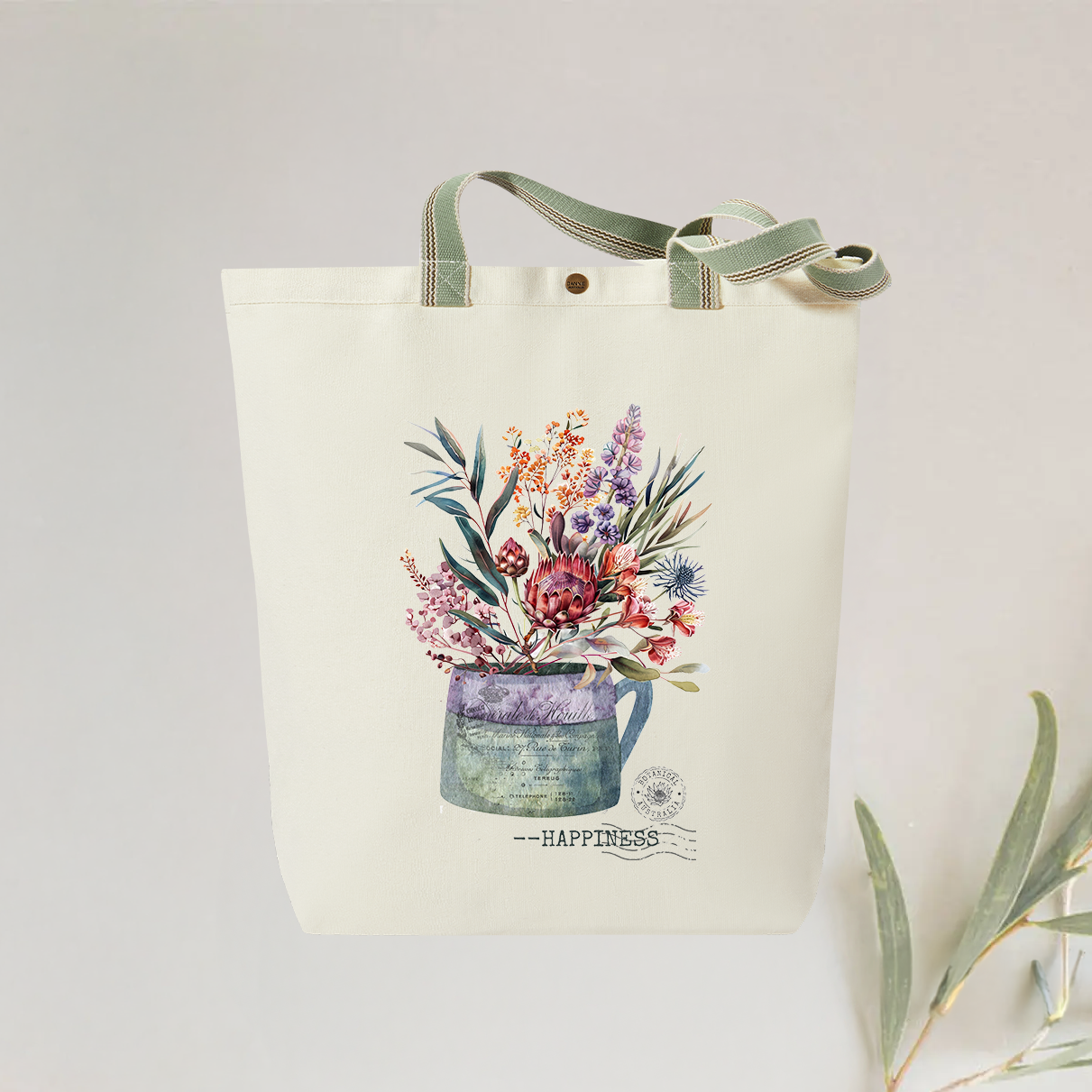 Happiness Botanical Tote Bag - Stylish and Personalised Eco-Friendly Canvas Bag with Stunning Australian Floral Design, Reusable Gift Idea, Designed and Printed in Australia.