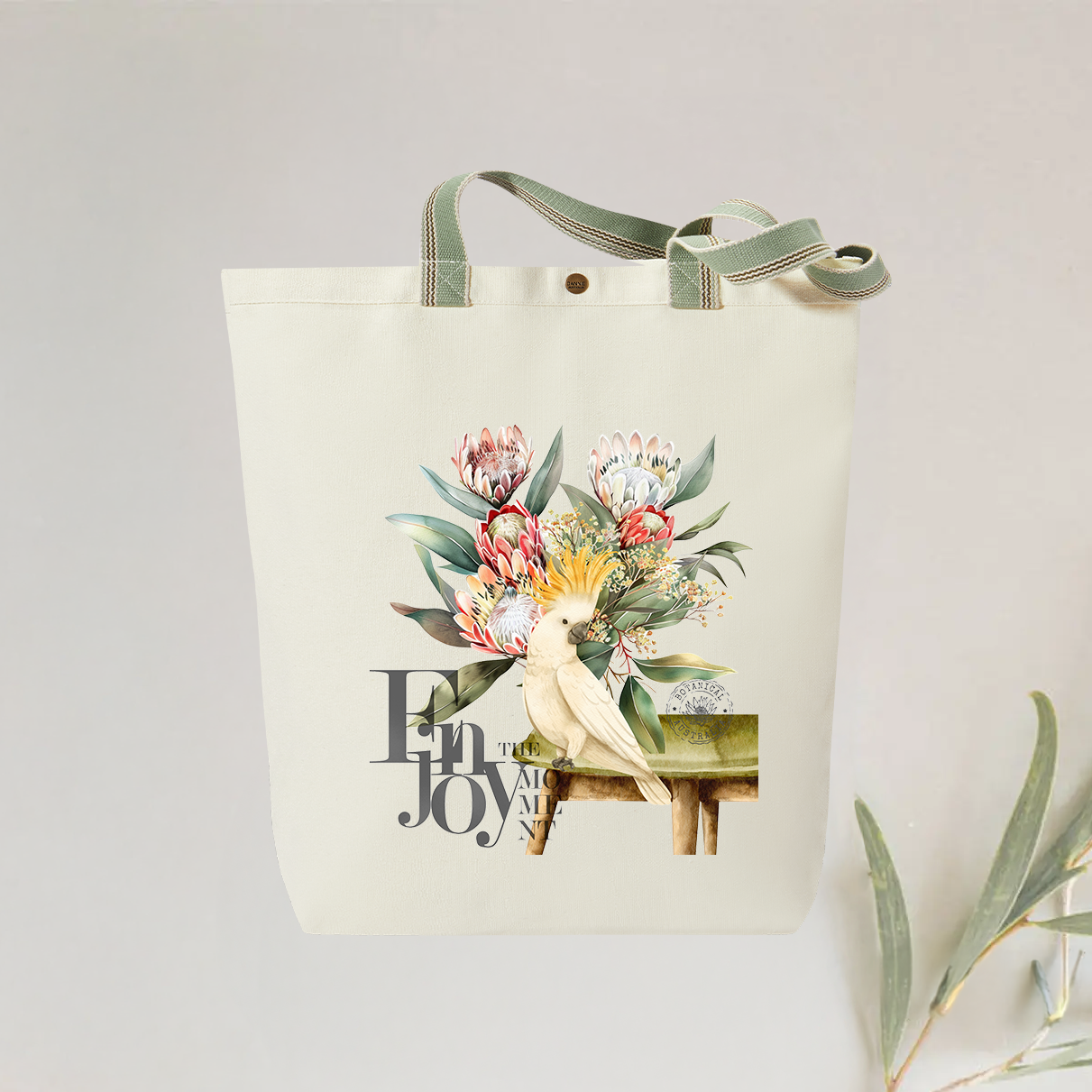 Enjoy the Moment Cockatoo Tote Bag - Stylish and Personalised Eco-Friendly Canvas Bag with Elegant Bird and Floral Design, Reusable Gift Idea, Designed and Printed in Australia.