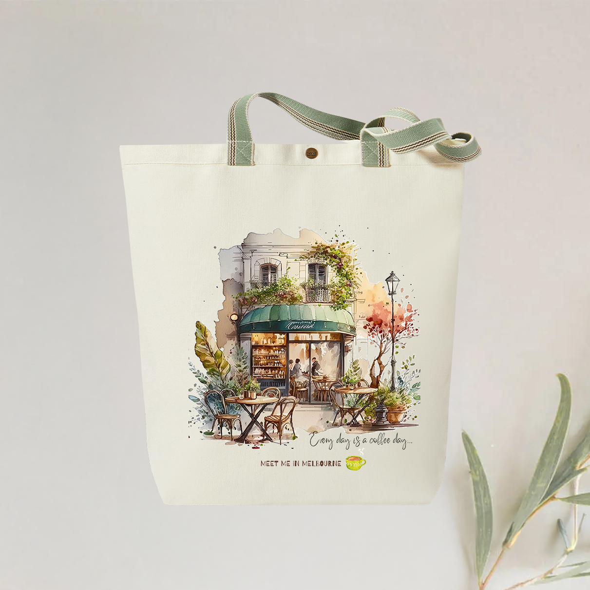 Meet Me in Melbourne Tote Bag - Stylish and Personalised Eco-Friendly Canvas Bag with Charming Coffee Shop Illustration, Reusable Gift Idea, Designed and Printed in Australia.