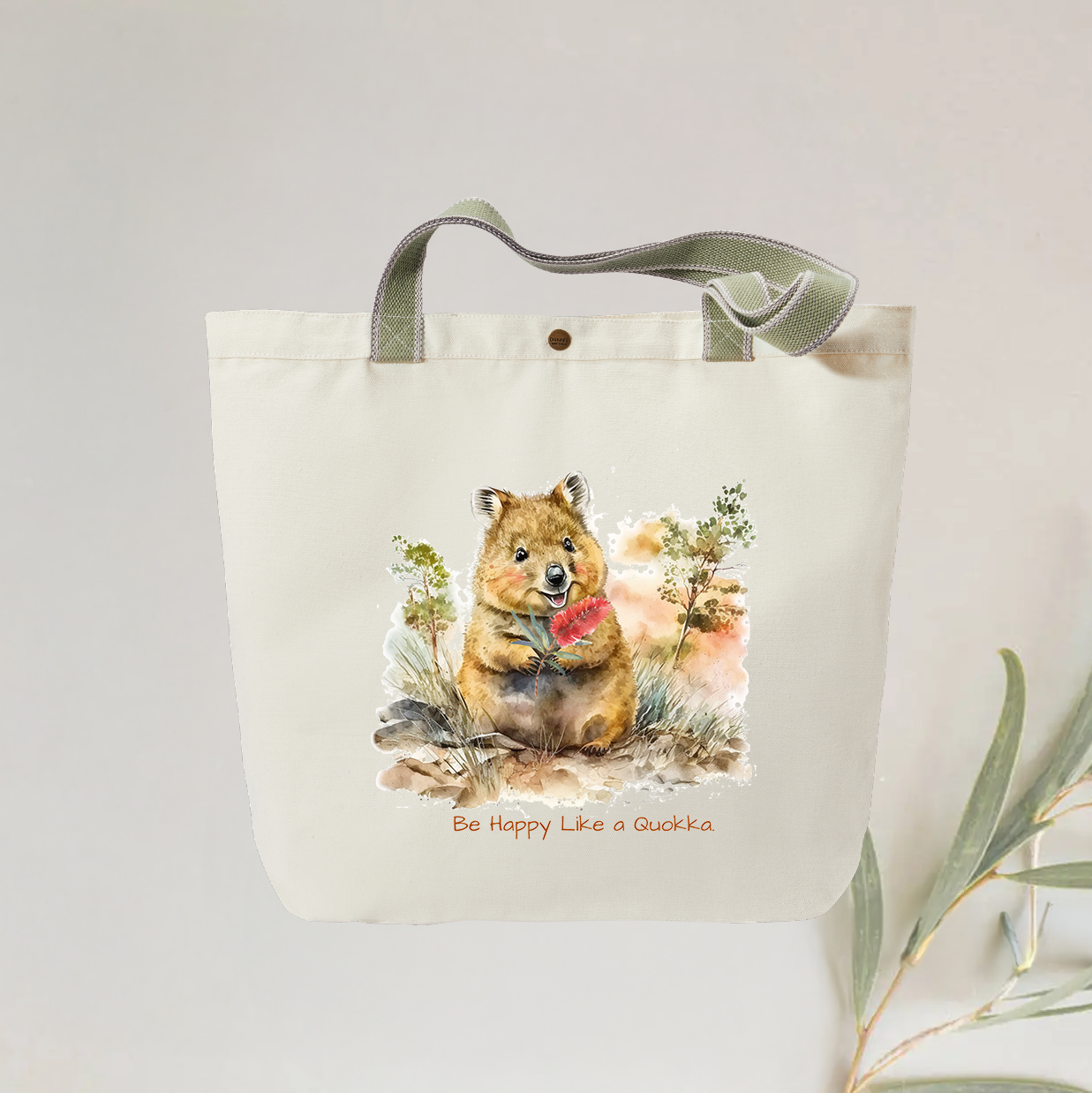 Be Happy Like a Quokka Tote Bag - Stylish and Personalised Eco-Friendly Canvas Bag with Adorable Quokka Design, Reusable Gift Idea, Designed and Printed in Australia.