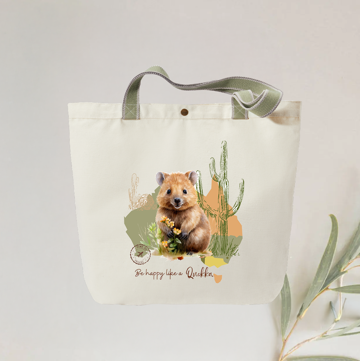 Be Happy Like a Quokka Tote Bag - Stylish and Personalised Eco-Friendly Canvas Bag with Adorable Quokka Design, Reusable Gift Idea, Designed and Printed in Australia.