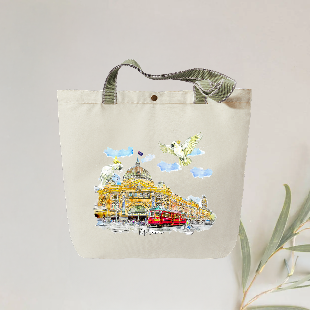 Flinders Street Station Tote Bag - Stylish and Personalised Eco-Friendly Canvas Bag with Iconic Melbourne Landmark Design, Reusable Gift Idea, Designed and Printed in Australia.