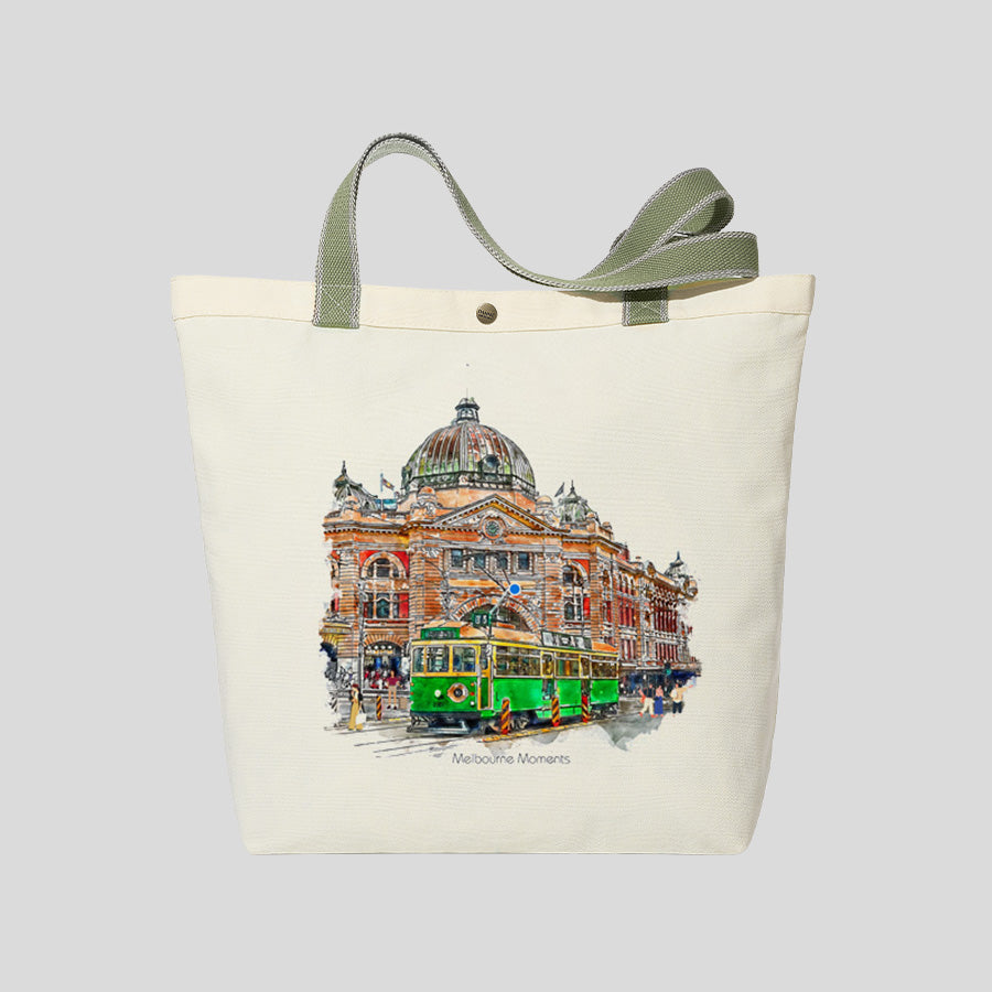 Melbourne Moments: Flinders Station & Tram 35 - Canvas Market Tote