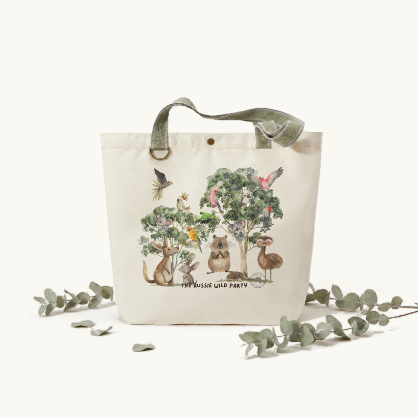 Cream tote with green handles and Australian wildlife illustration