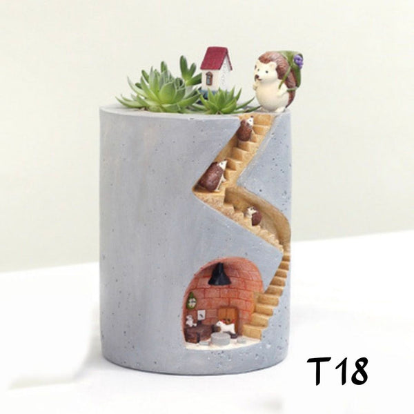 Cute Animal House Resin Planter+ Succulent Pot +Rabbit Hedgehog Decorative Pot +Desktop Ornament